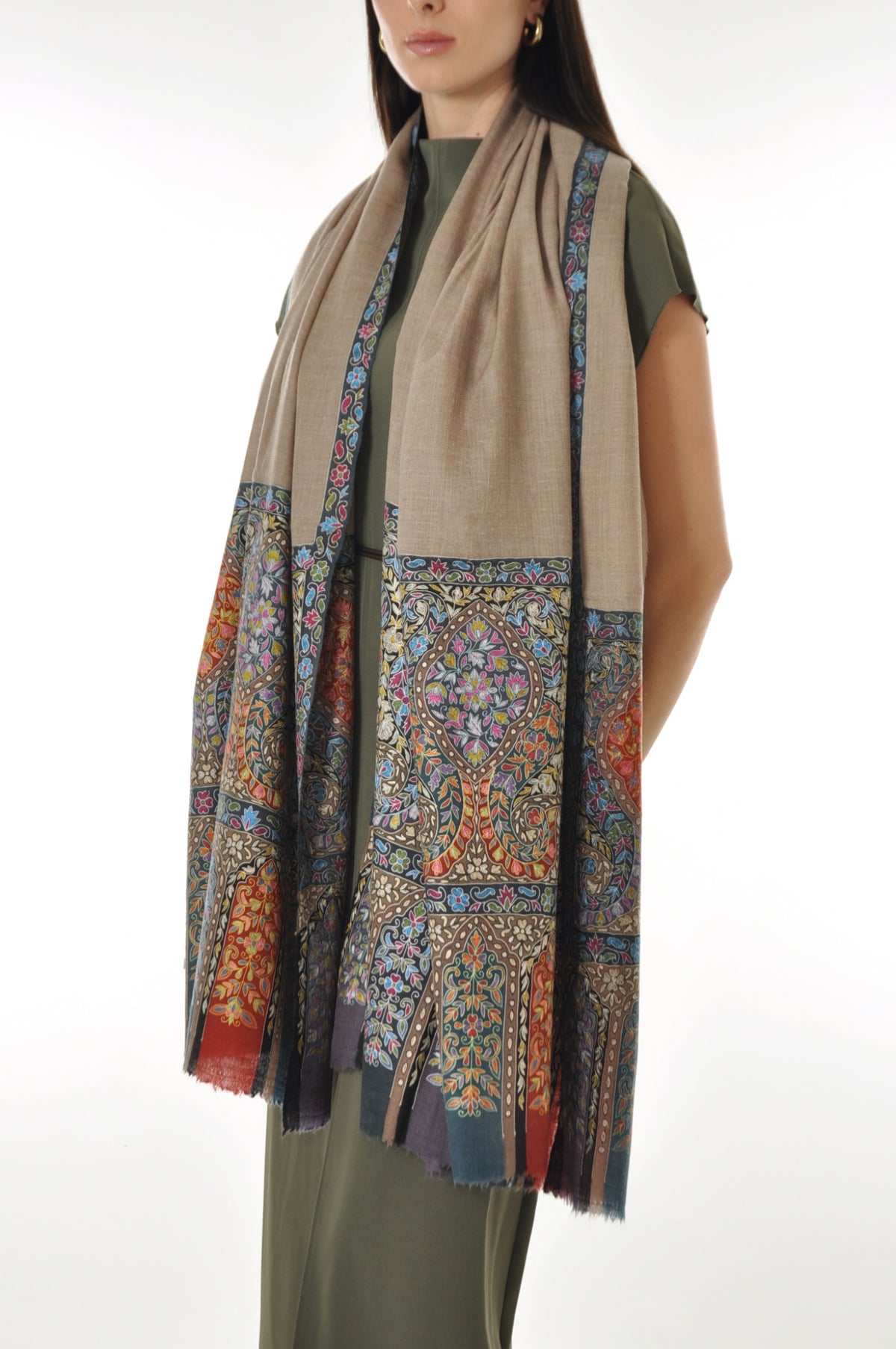 Kalamkari Pashmina - Bluish Boarder
