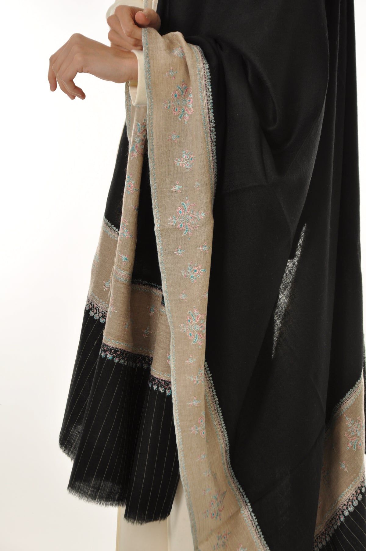 Thin Striped Border Pashmina - Black Pashmina Shawl with Pastel Floral Border