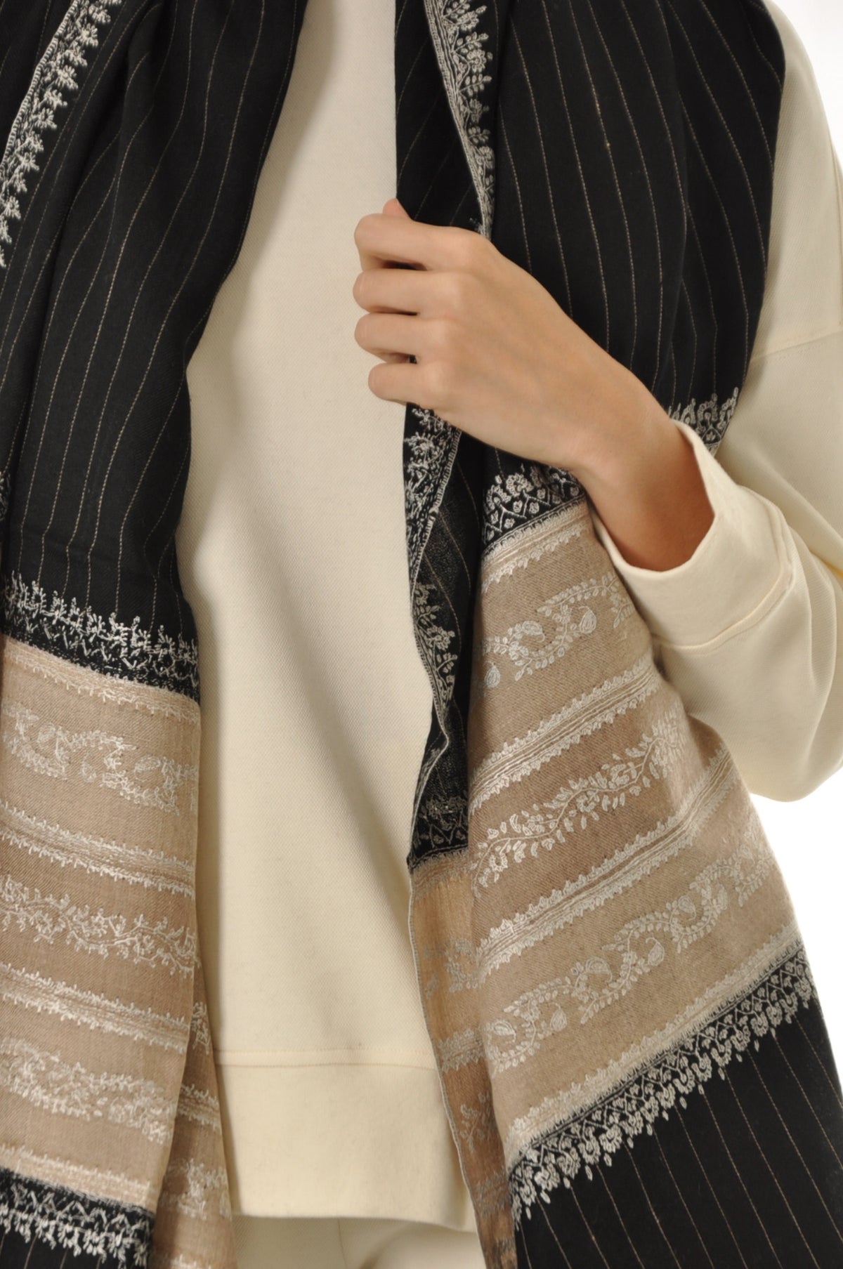 Thin Striped Border Pashmina - Black Pashmina Shawl with Beige Border
