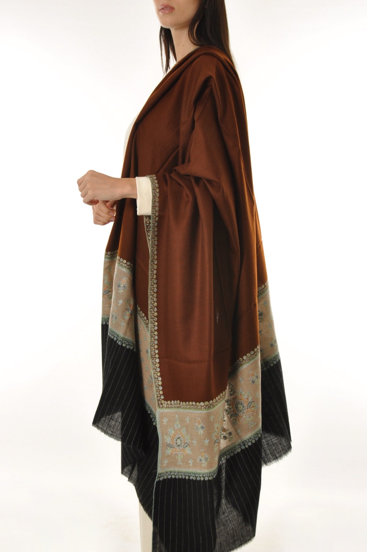Striped Border Pashmina - Brown Pashmina with Floral Embroidery