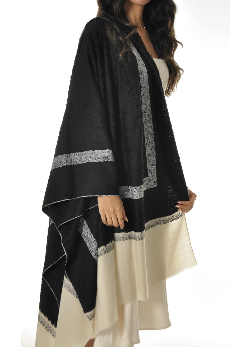 Embroidered Towel Pashmina - Black with Cream Edges #2