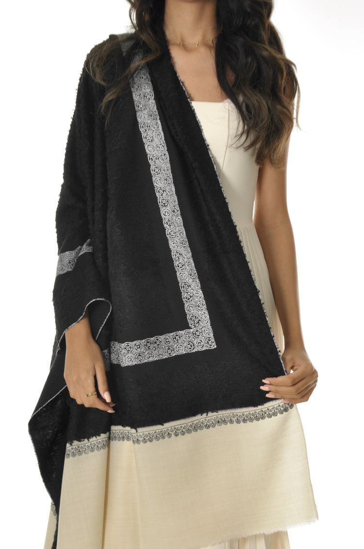 Embroidered Towel Pashmina - Black with Cream Edges #2