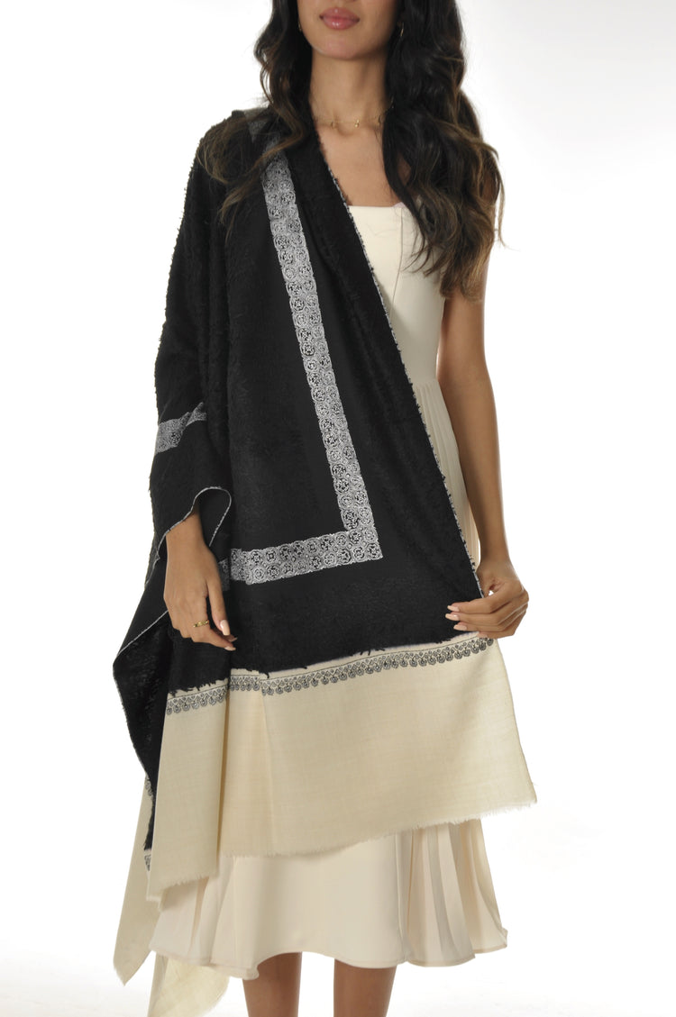 Embroidered Towel Pashmina - Black with Cream Edges #2