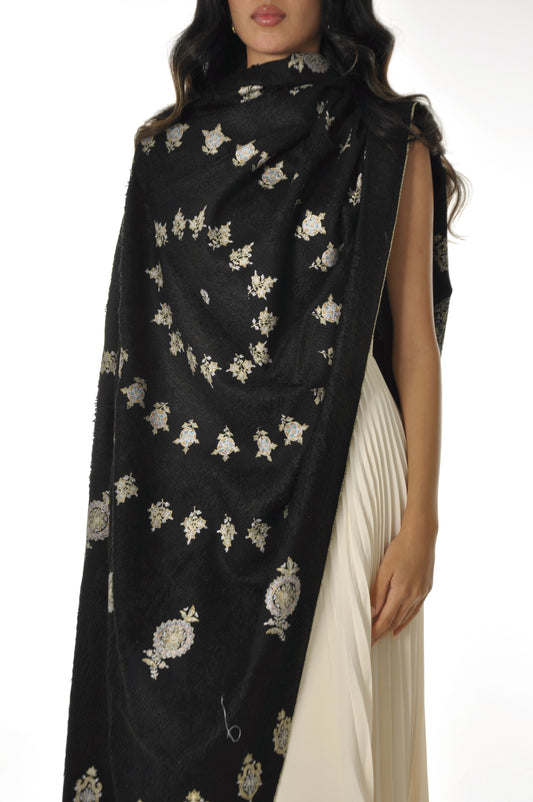 Embroidered Towel Pashmina - Black with Cream