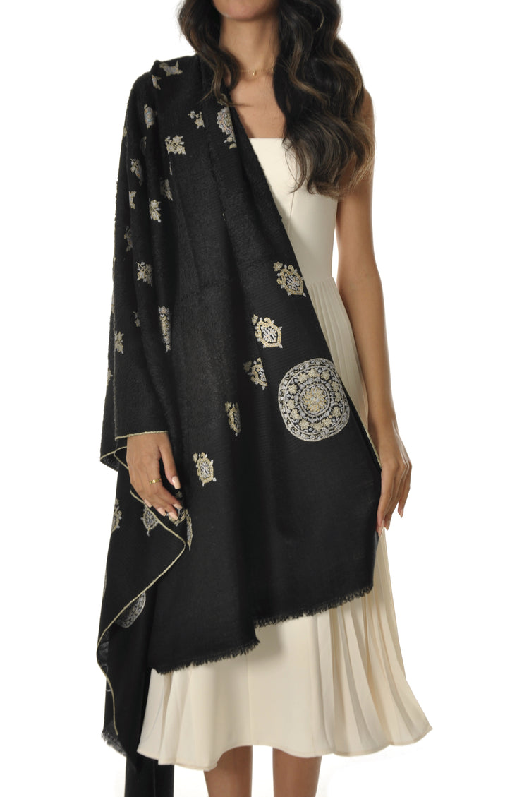 Embroidered Towel Pashmina - Black with Cream