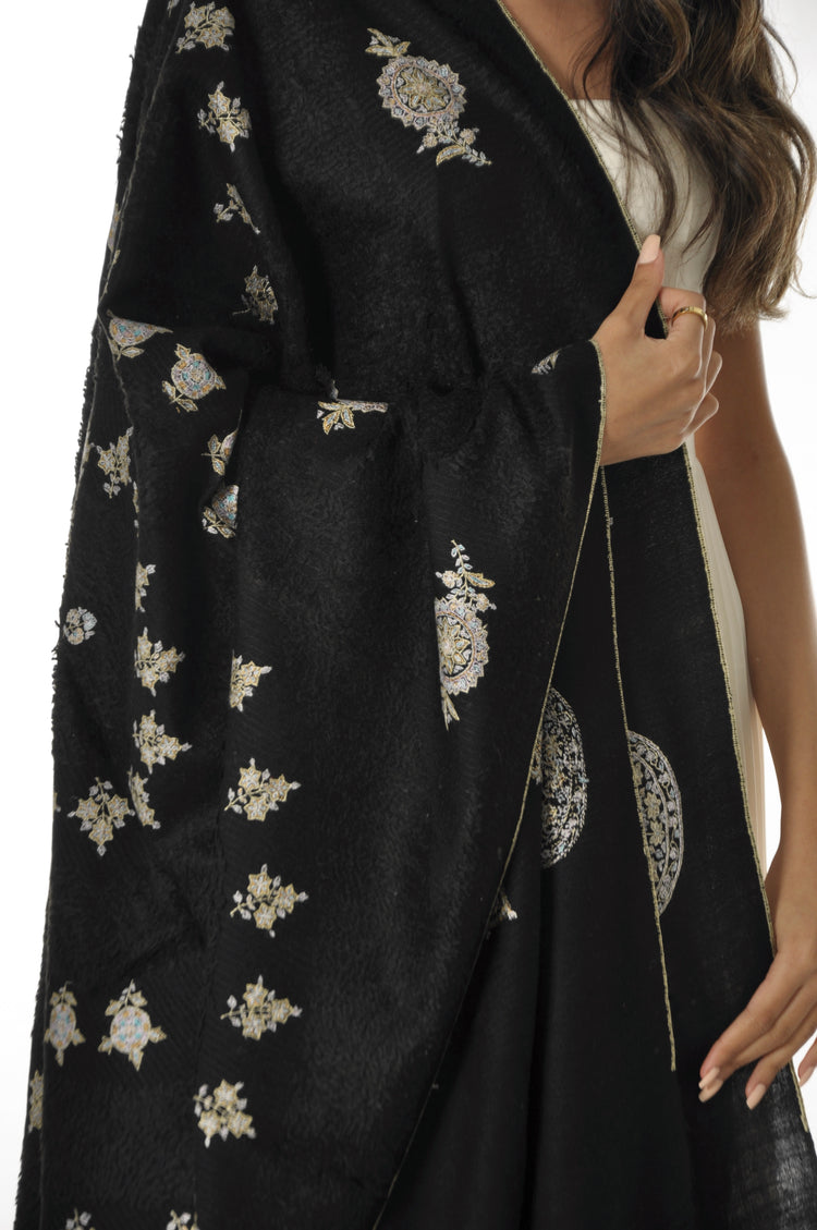 Embroidered Towel Pashmina - Black with Cream