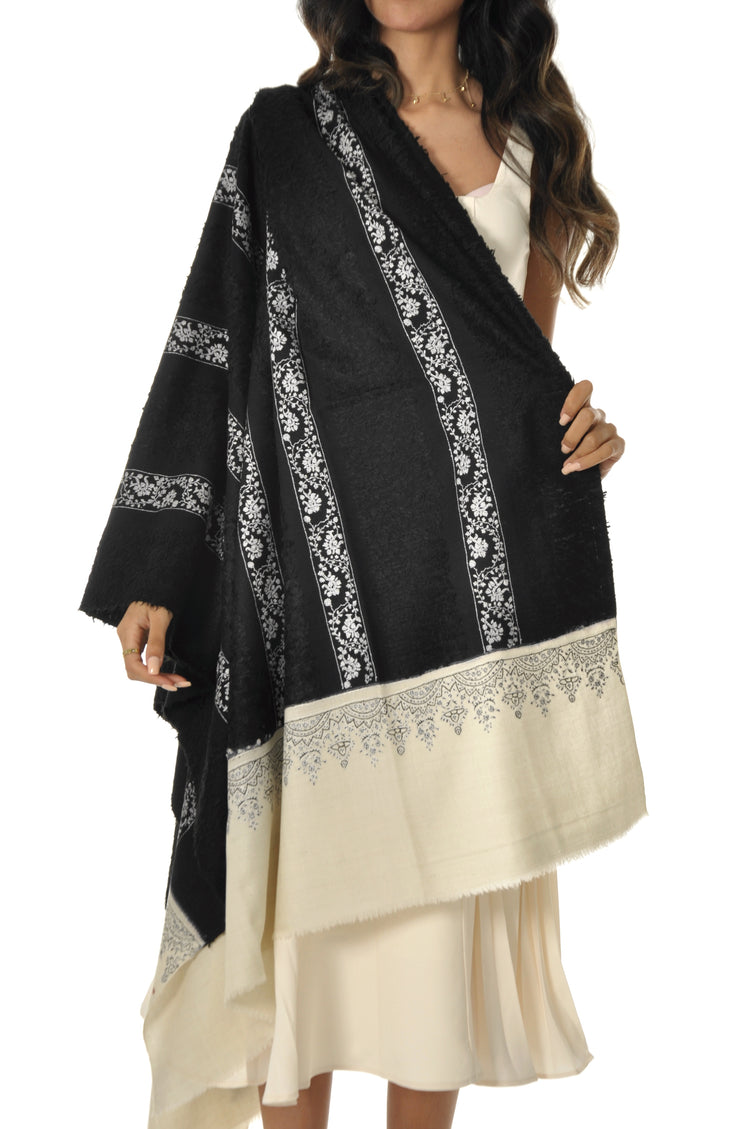 Embroidered Towel Pashmina - Black with Cream Edges