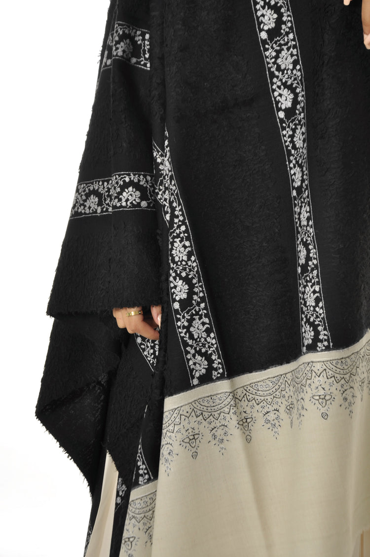 Embroidered Towel Pashmina - Black with Cream Edges