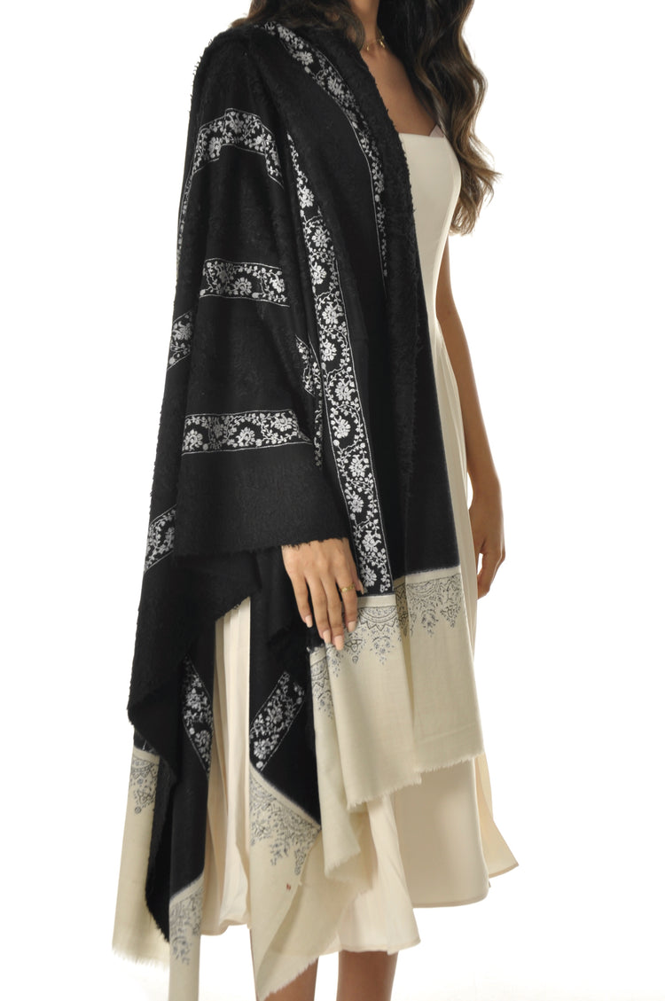 Embroidered Towel Pashmina - Black with Cream Edges