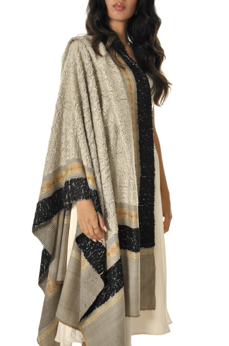 Embroidered Towel Pashmina - Beige with Black Border