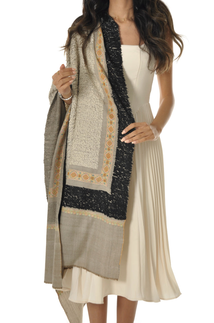 Embroidered Towel Pashmina - Beige with Black Border