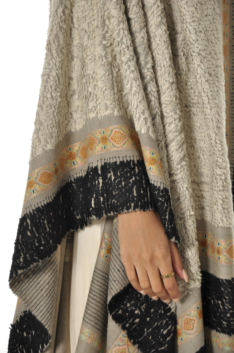 Embroidered Towel Pashmina - Beige with Black Border