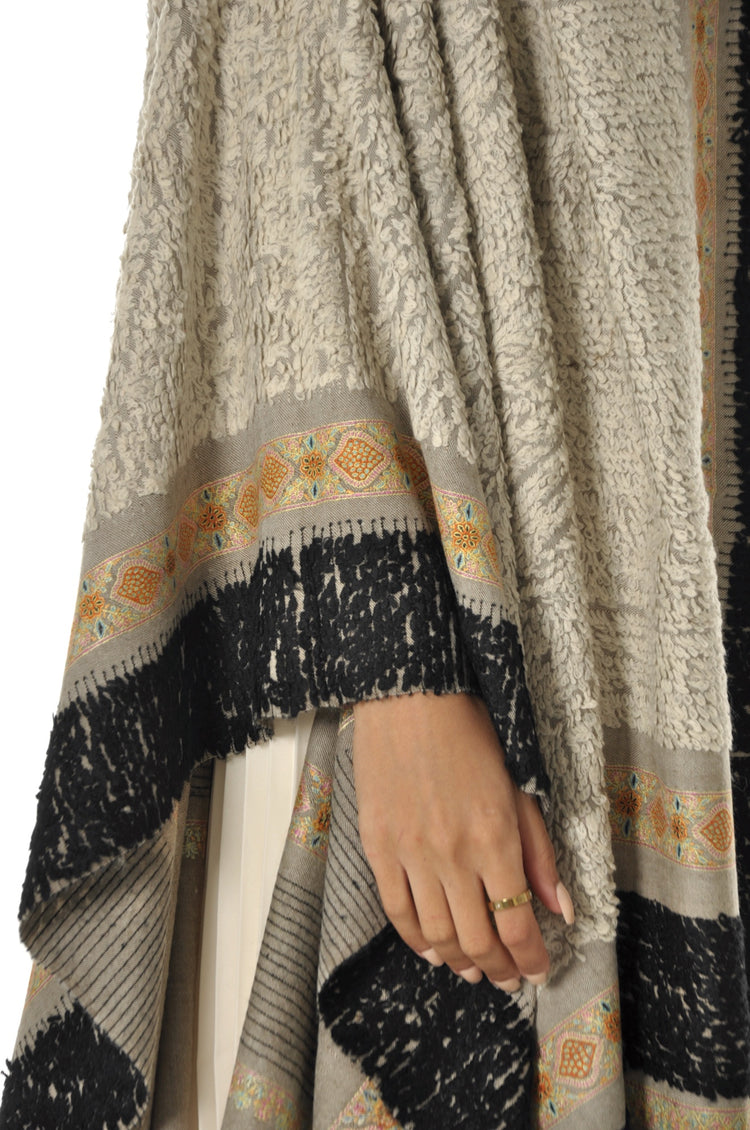 Embroidered Towel Pashmina - Beige with Black Border