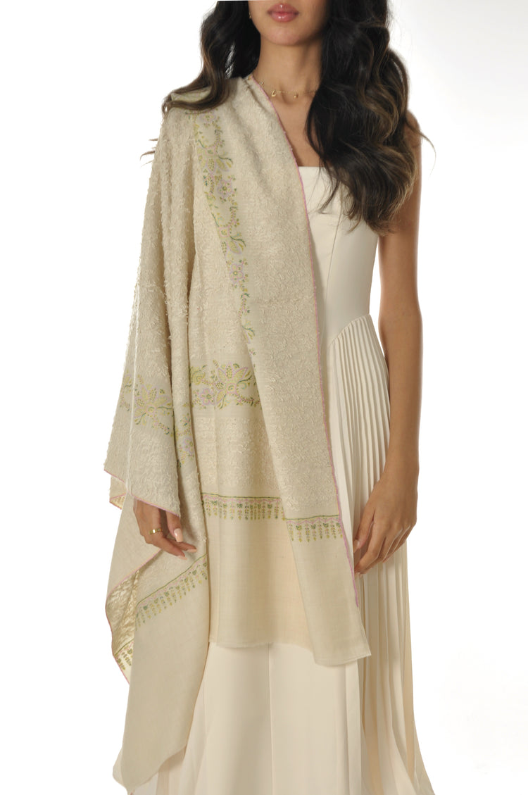 Embroidered Towel Pashmina - Cream With Pistachio