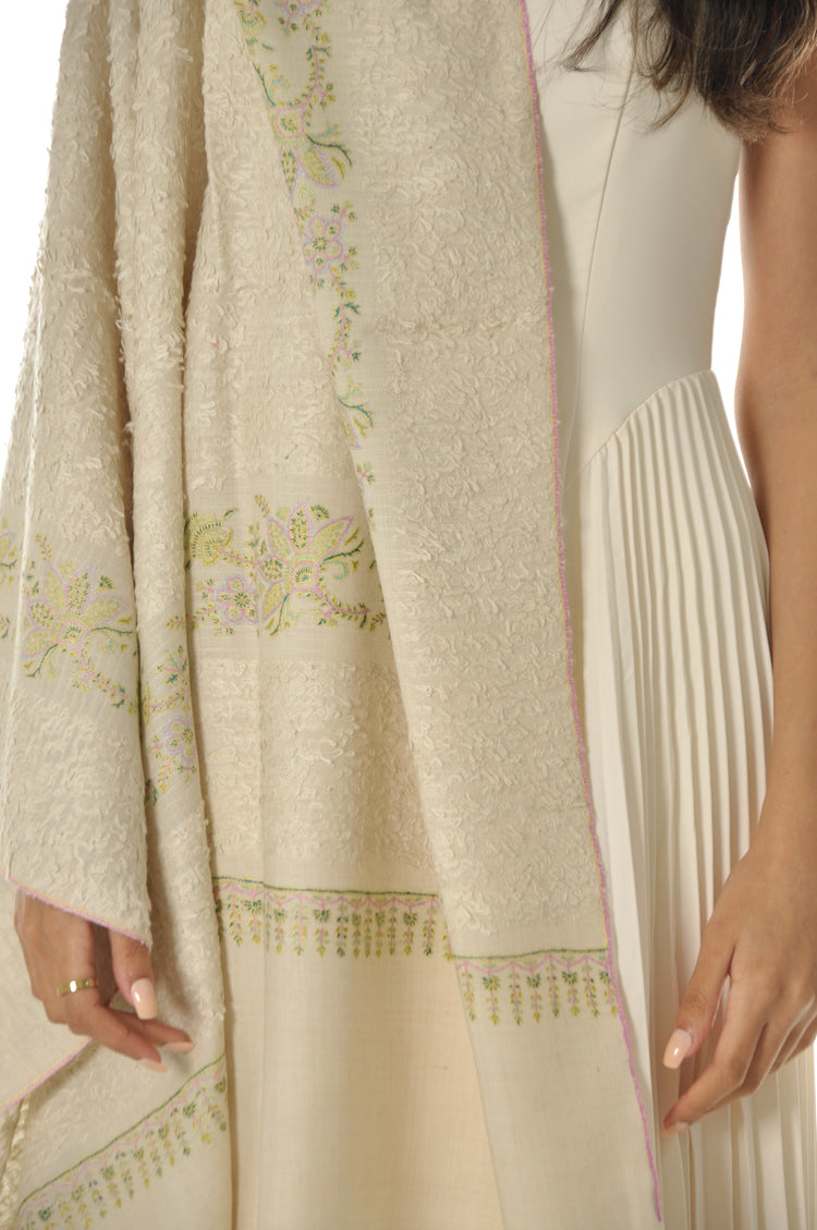 Embroidered Towel Pashmina - Cream With Pistachio