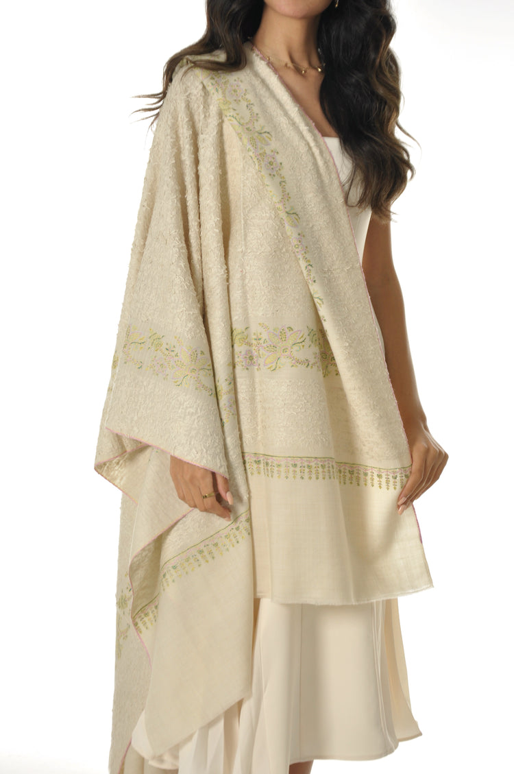 Embroidered Towel Pashmina - Cream With Pistachio