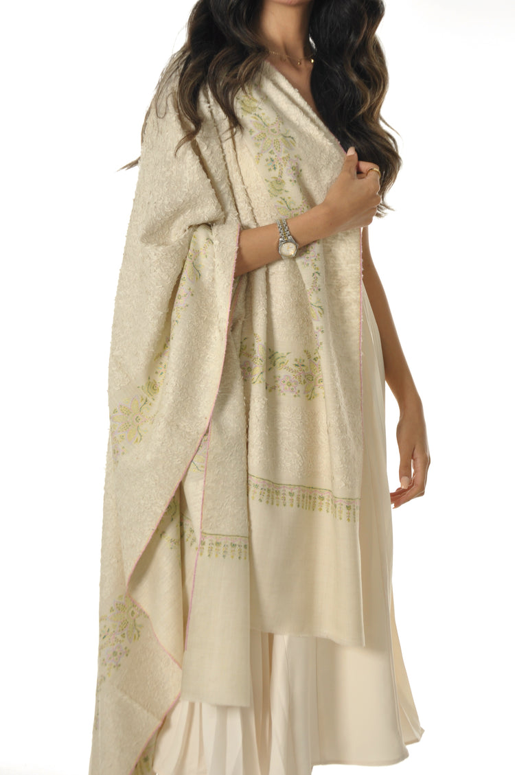 Embroidered Towel Pashmina - Cream With Pistachio