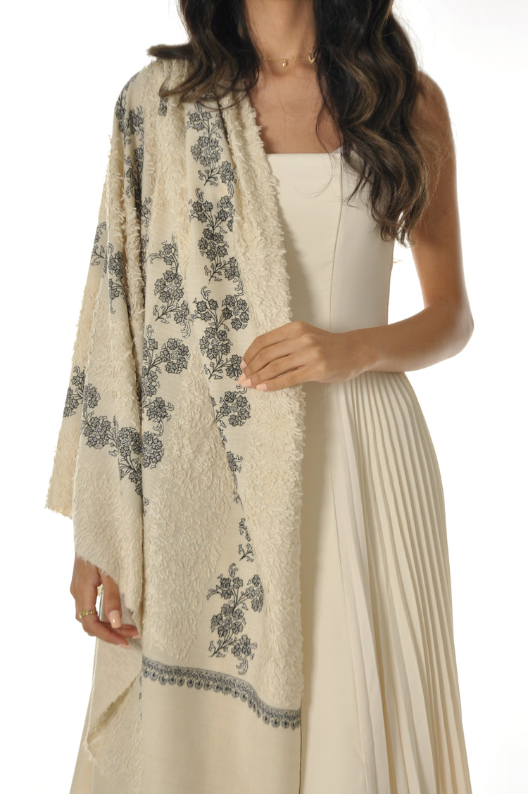 Embroidered Towel Pashmina - Cream With Black