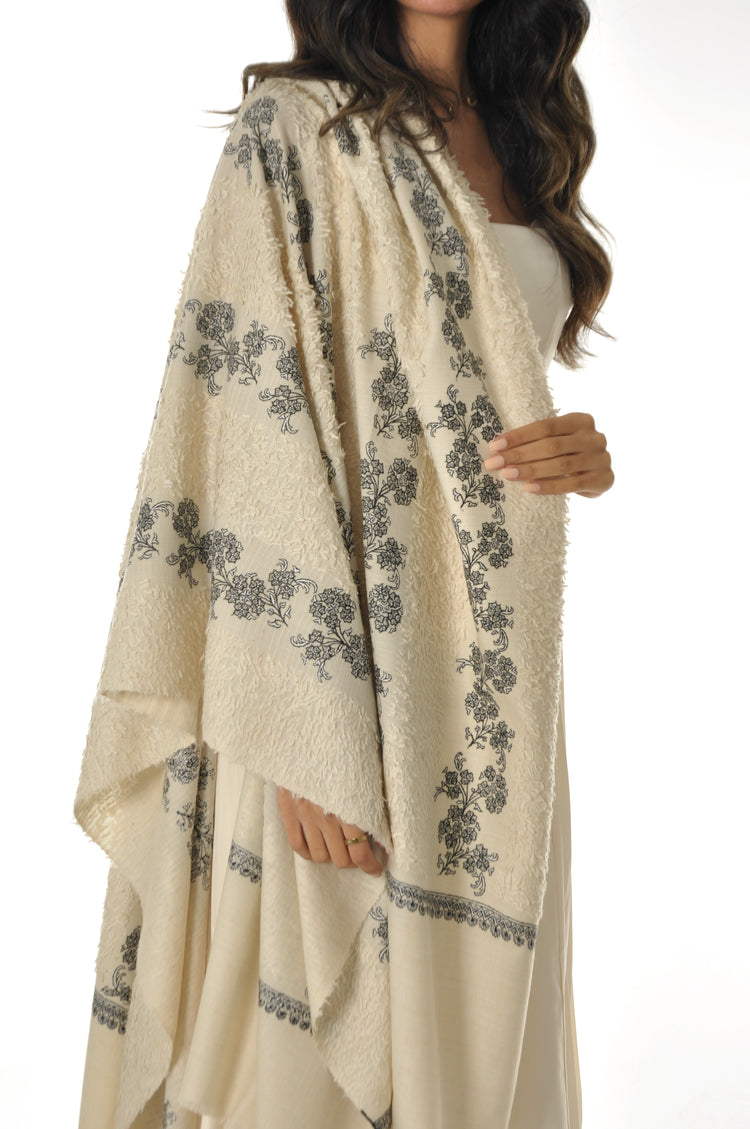 Embroidered Towel Pashmina - Cream With Black