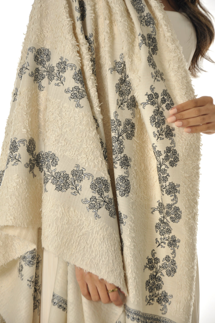 Embroidered Towel Pashmina - Cream With Black