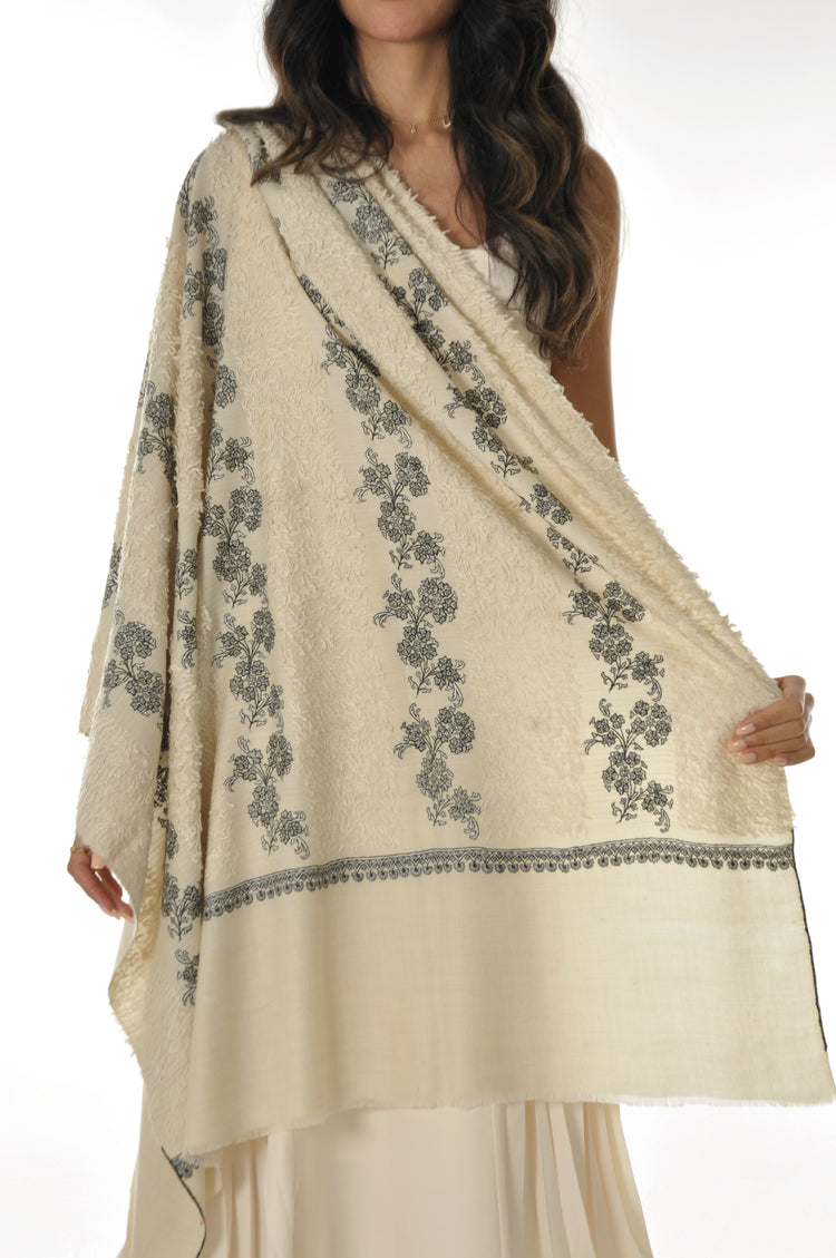 Embroidered Towel Pashmina - Cream With Black