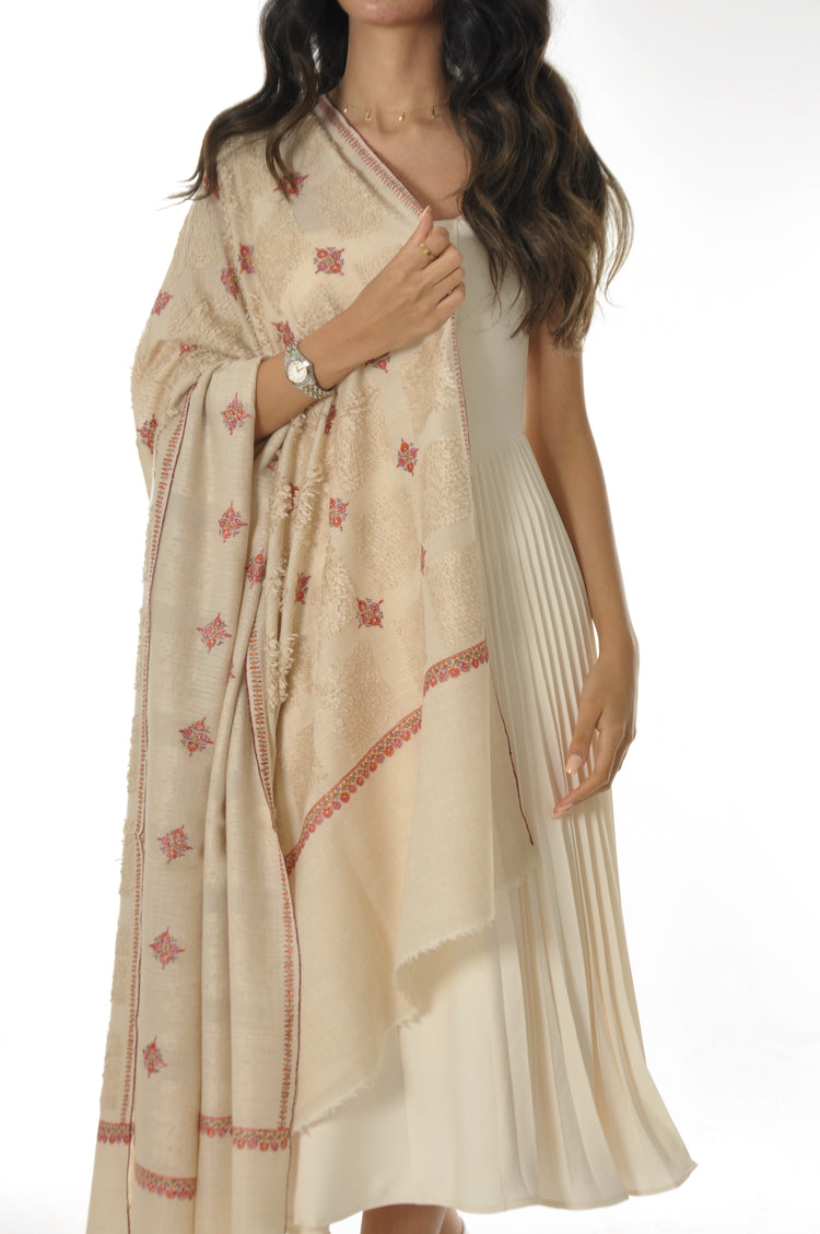 Embroidered Towel Pashmina - Cream With Red