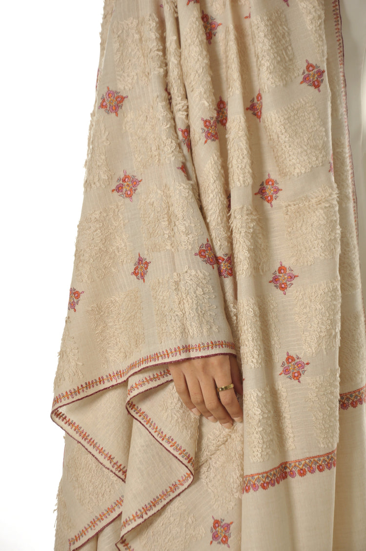 Embroidered Towel Pashmina - Cream With Red