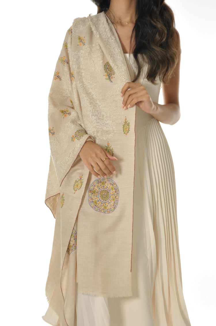 Embroidered Towel Pashmina - Cream With Yellow