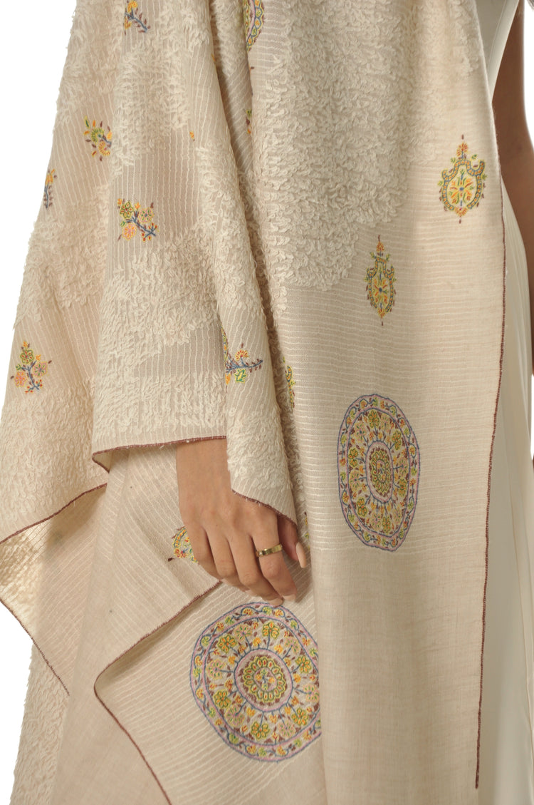 Embroidered Towel Pashmina - Cream With Yellow