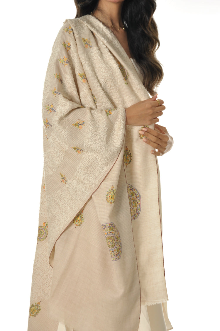 Embroidered Towel Pashmina - Cream With Yellow