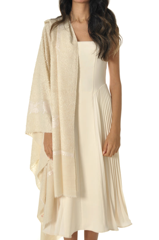 Embroidered Towel Pashmina - Cream on Cream