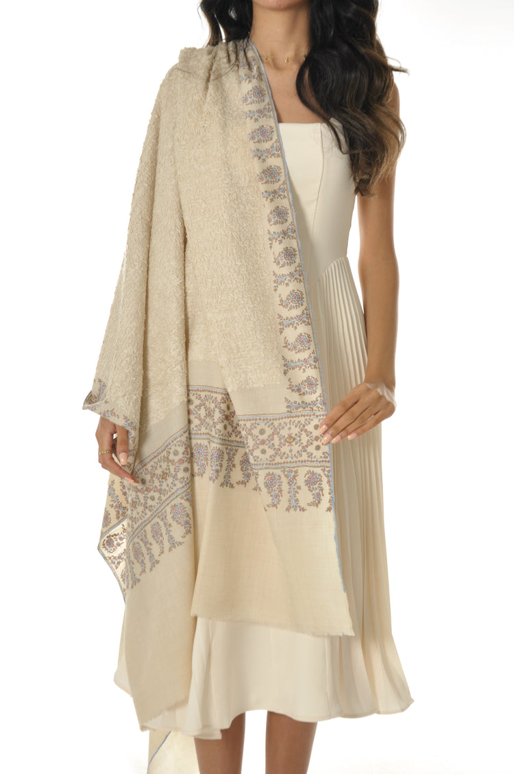 Embroidered Towel Pashmina - Cream & Sky Border