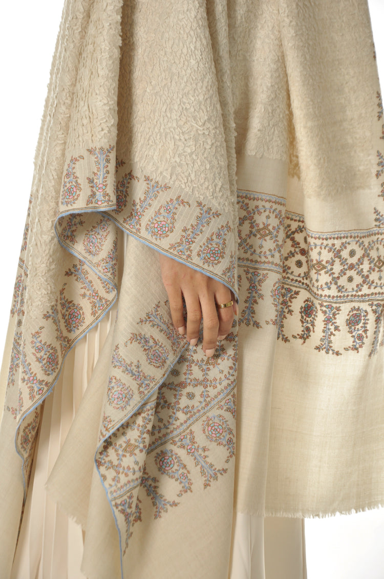 Embroidered Towel Pashmina - Cream & Sky Border