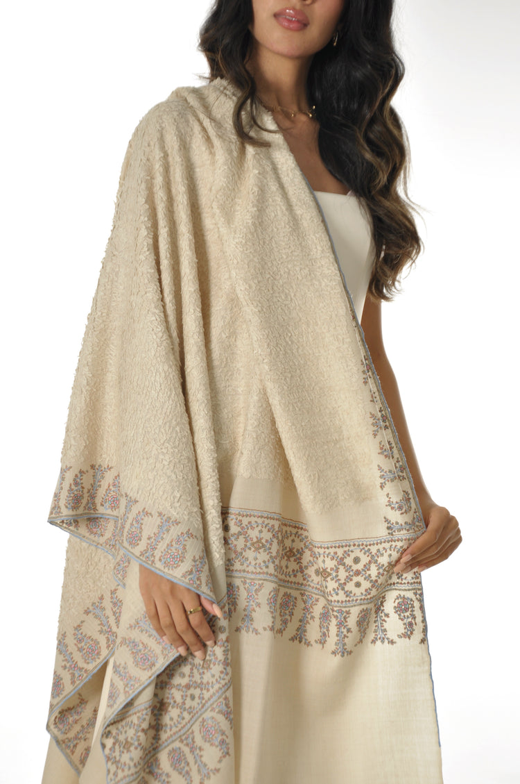 Embroidered Towel Pashmina - Cream & Sky Border