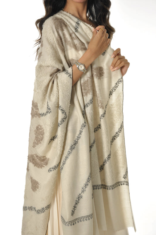 Embroidered Towel Pashmina - Cream & Black