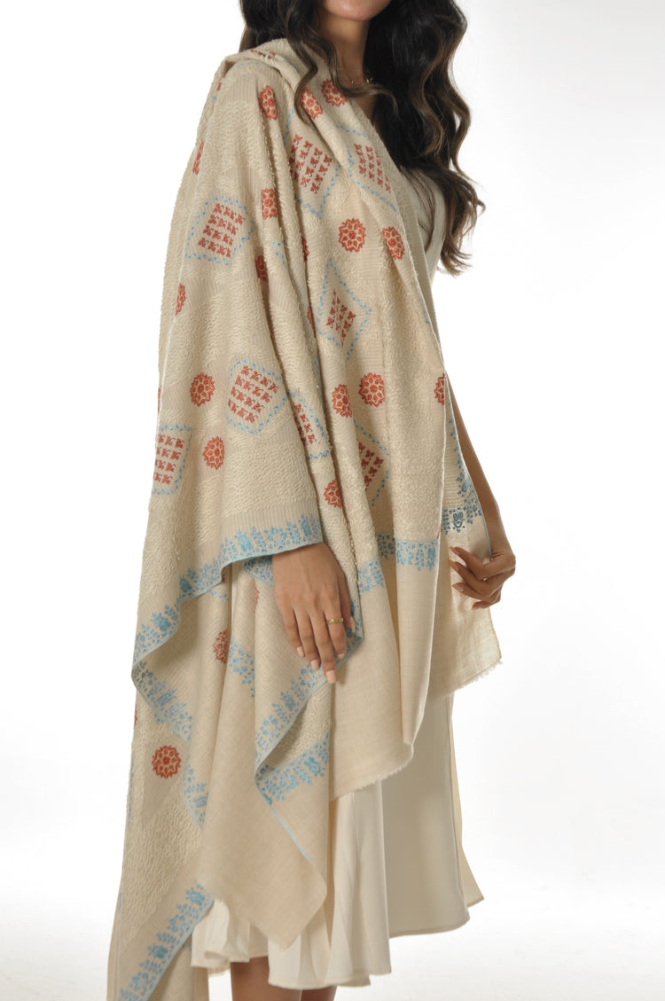 Embroidered Towel Pashmina - Cream With Sky Blue