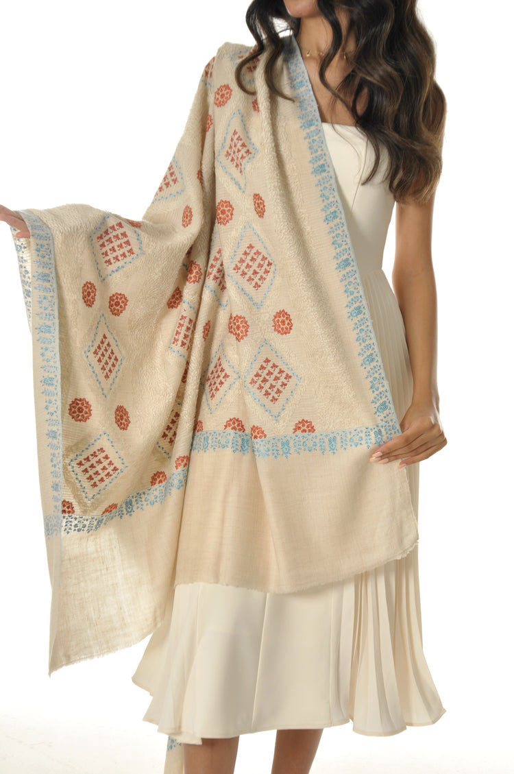 Embroidered Towel Pashmina - Cream With Sky Blue