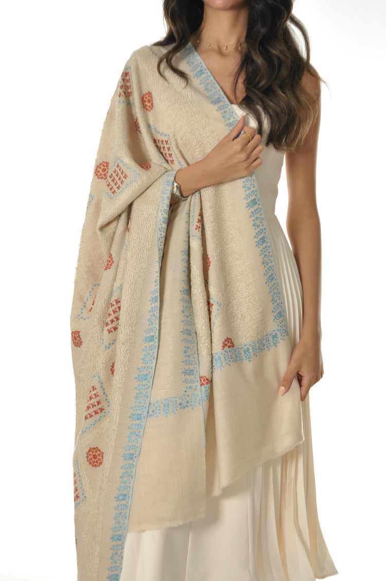 Embroidered Towel Pashmina - Cream With Sky Blue