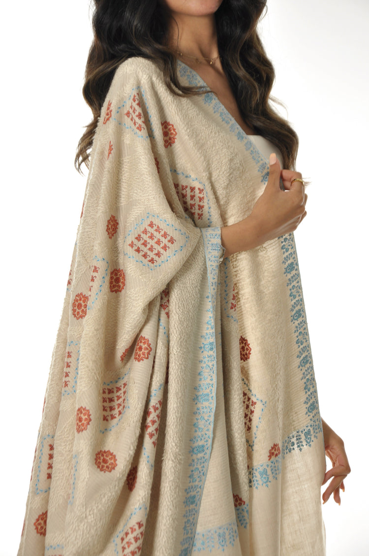 Embroidered Towel Pashmina - Cream With Sky Blue