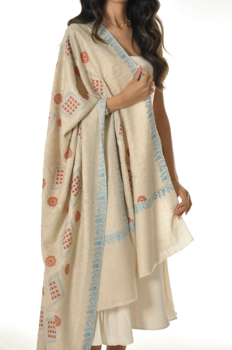 Embroidered Towel Pashmina - Cream With Sky Blue