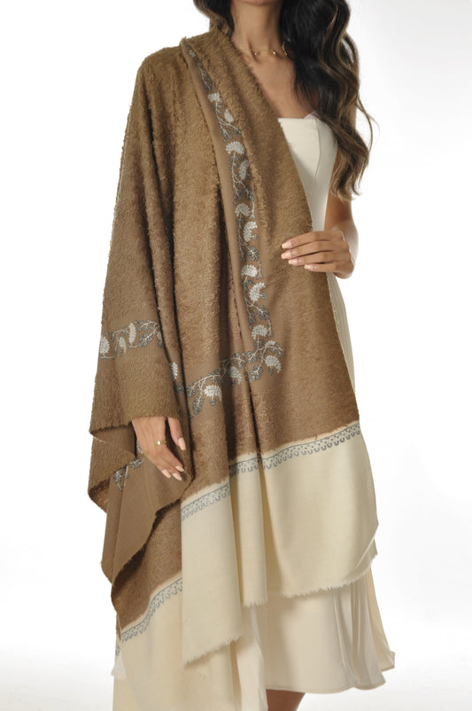 Embroidered Towel Pashmina - Brown & Cream