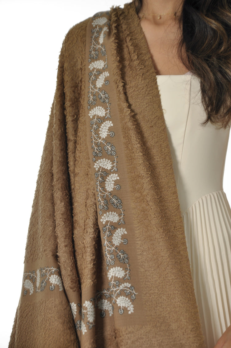 Embroidered Towel Pashmina - Brown & Cream