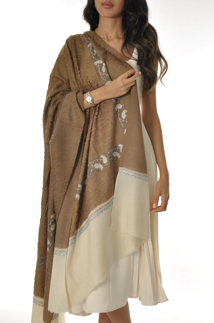 Embroidered Towel Pashmina - Brown & Cream