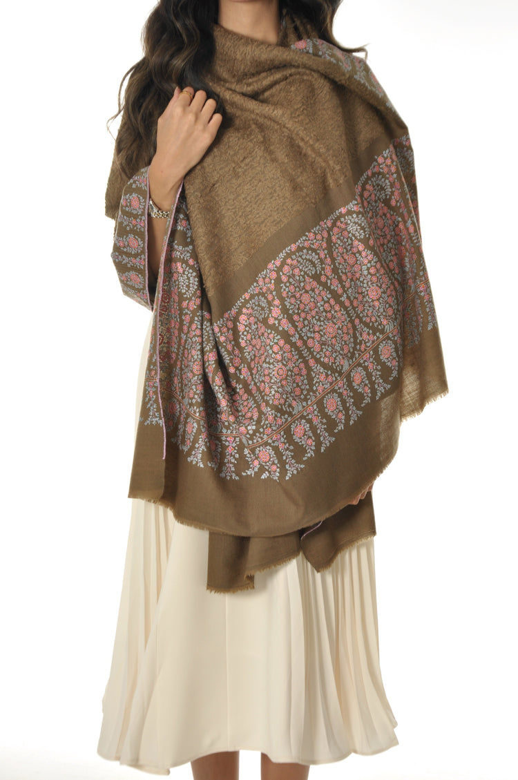 Embroidered Towel Pashmina - Brown & Pink