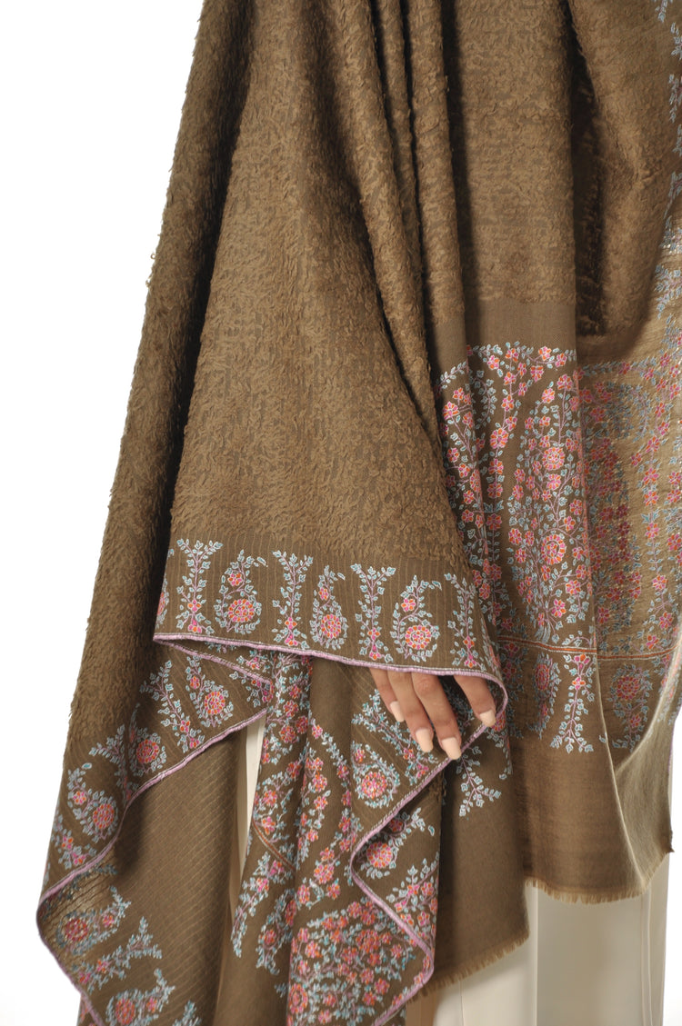 Embroidered Towel Pashmina - Brown & Pink