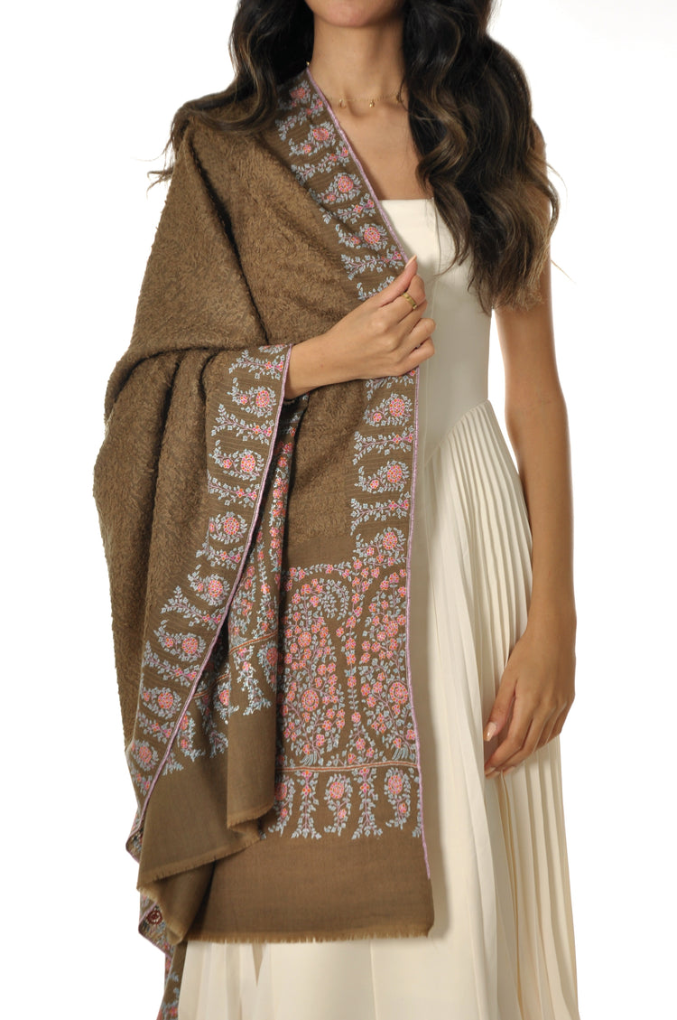 Embroidered Towel Pashmina - Brown & Pink