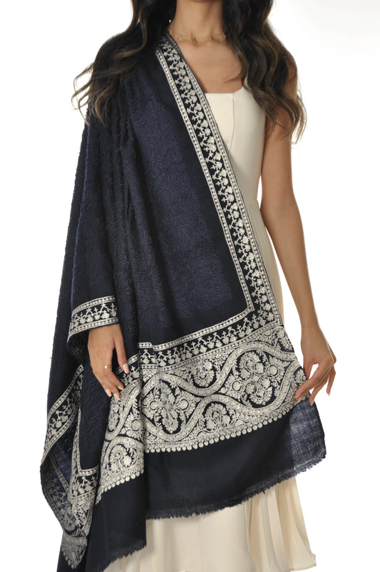 Towel Pashmina with Zari - Navy