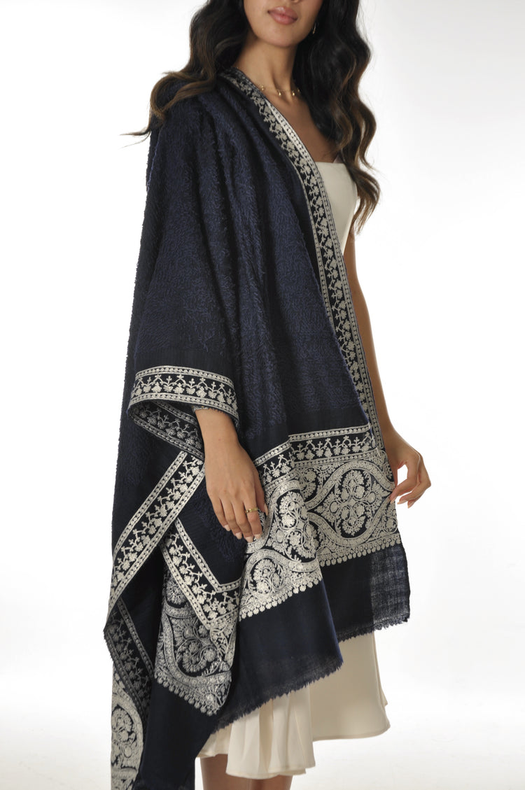 Towel Pashmina with Zari - Navy