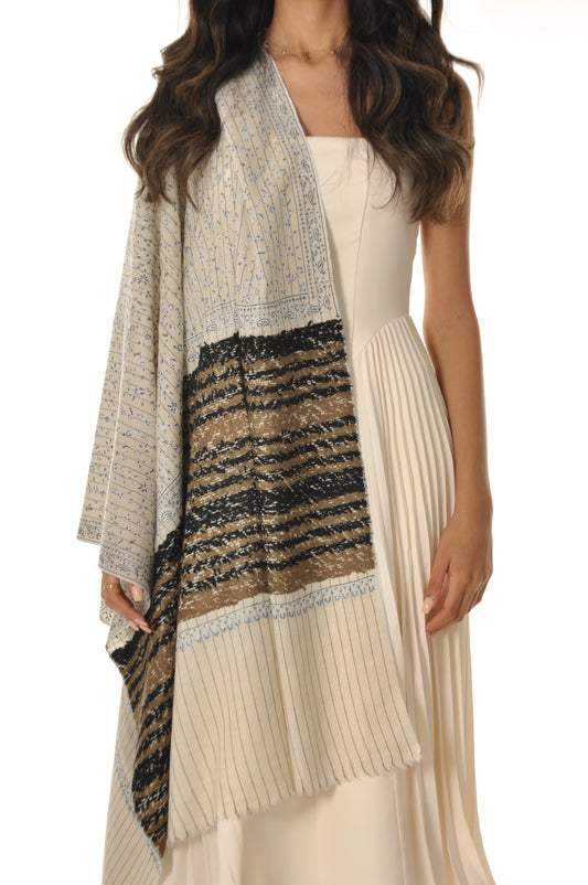 Border Towel Pashmina - Cream with Embroidery