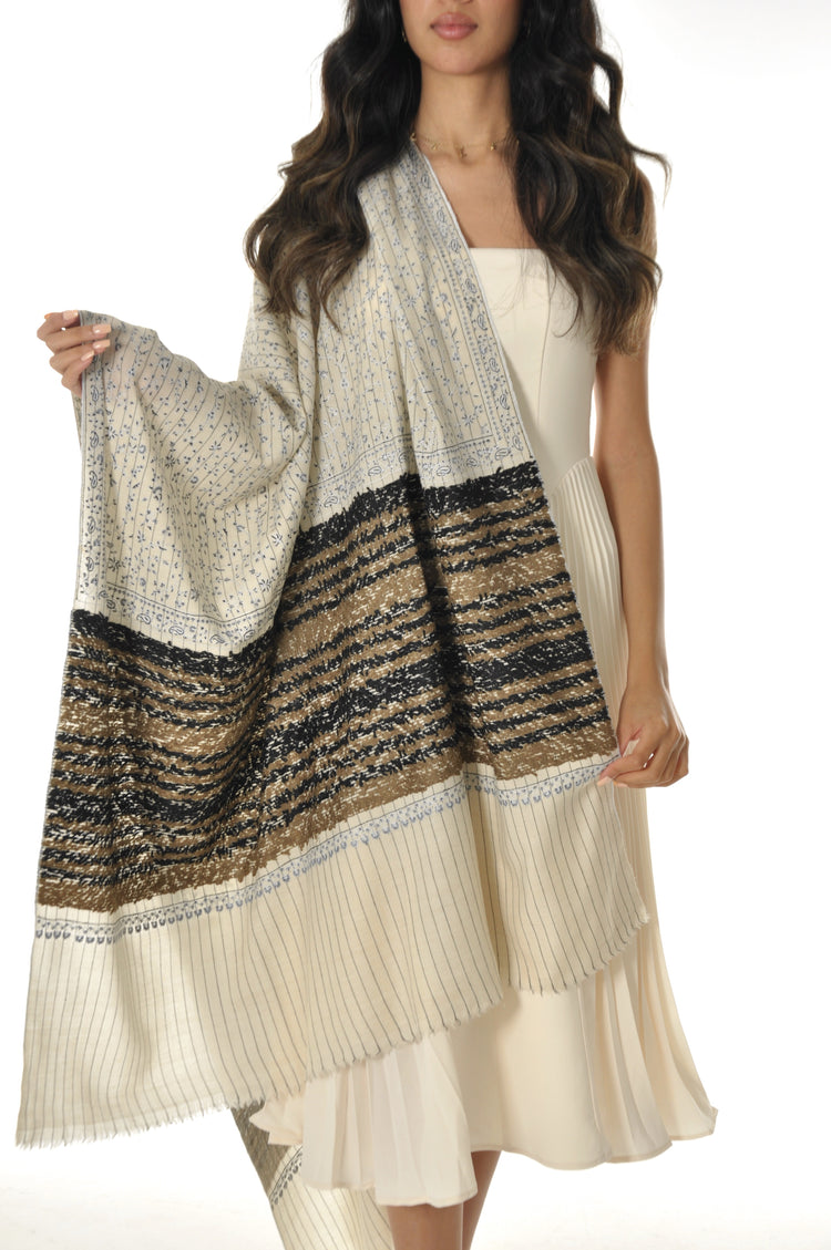 Border Towel Pashmina - Cream with Embroidery